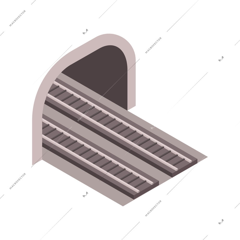 Isometric icon of subway tunnel and rails on white background vector illustration