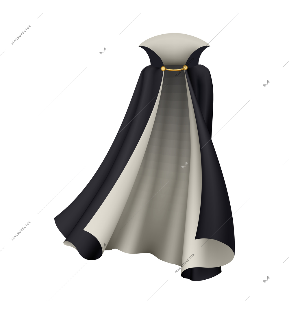 Realistic icon of black and white inside vampire cloak with golden detail vector illustration