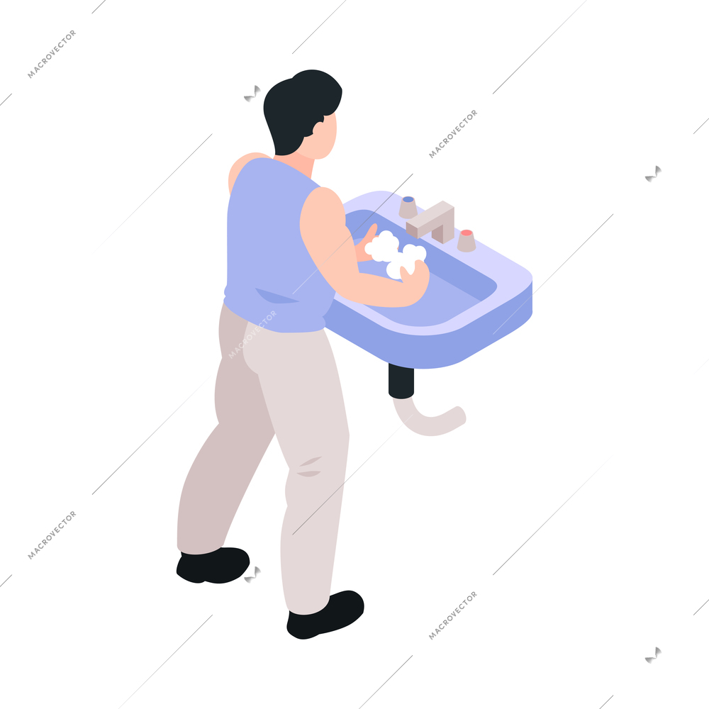 Man washing his hands in sink back view 3d isometric vector illustration