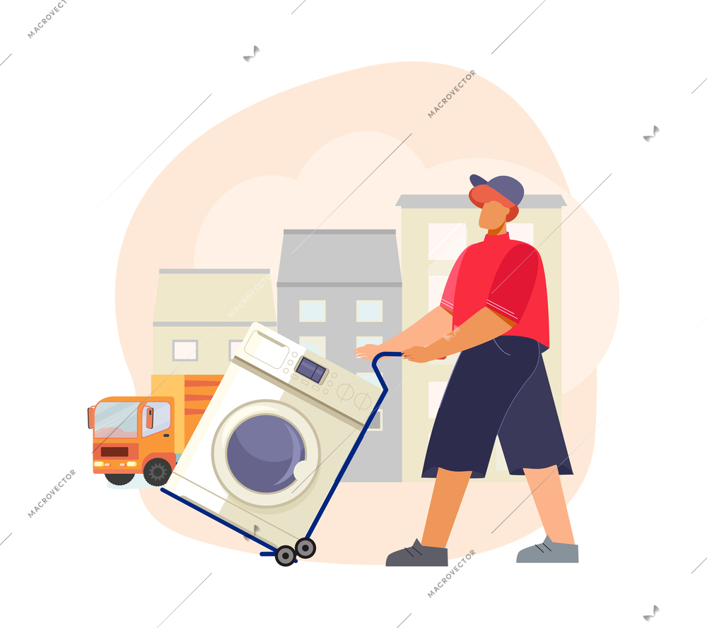 Flat composition with human character carrying washing machine from home appliance store vector illustration