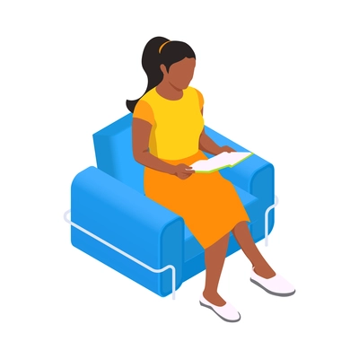 Woman reading book while sitting in blue armchair 3d isometric icon vector illustration