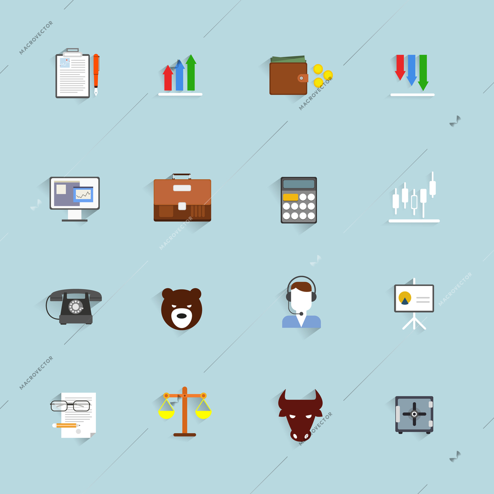 Finance exchange money trading icons flat set isolated vector illustration