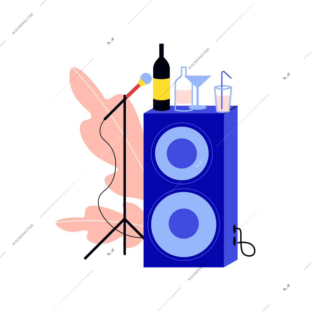 Party flat composition with floor speaker microphone cocktail glasses and bottles vector illustration
