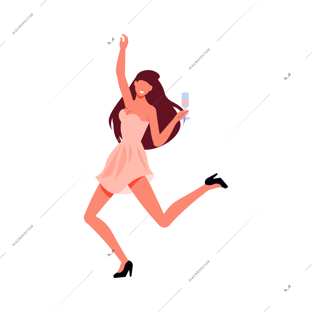 Smiling woman dancing with glass of champagne at party flat icon vector illustration