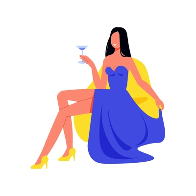 Flat icon with woman in beautiful blue evening dress holding glass of champagne vector illustration