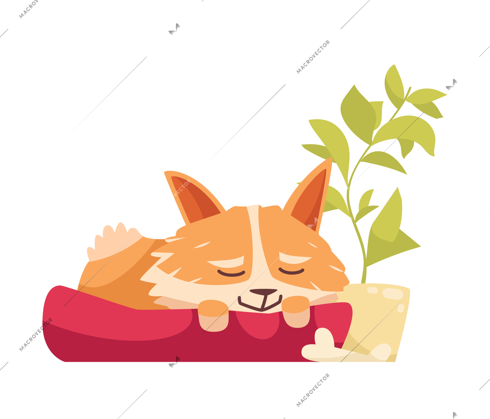 Cartoon cute old dog sleeping on his bed vector illustration