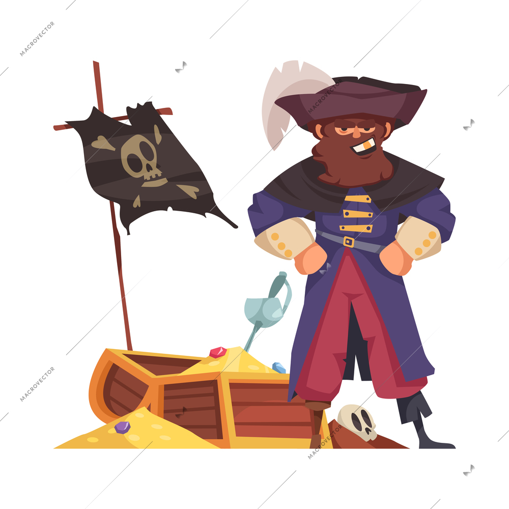 Grinning pirate captain with treasure chest cartoon vector illustration