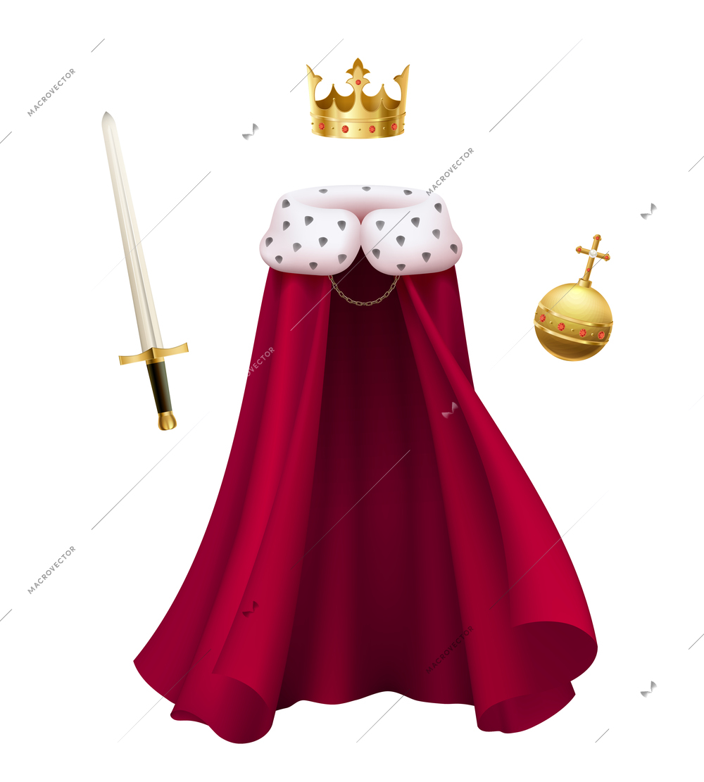 Realistic composition with red king cloak crown sword and orb isolated on white background vector illustration