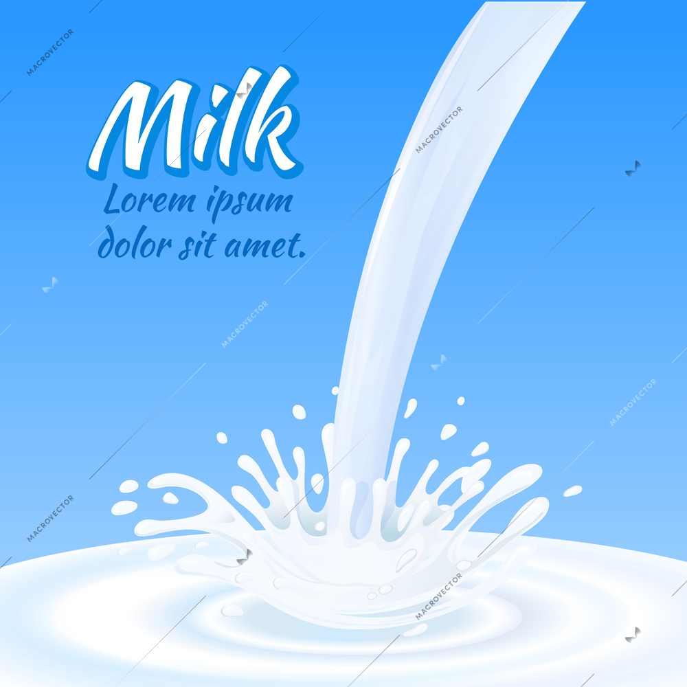 Milk drops flow and splashes on blue background vector illustration