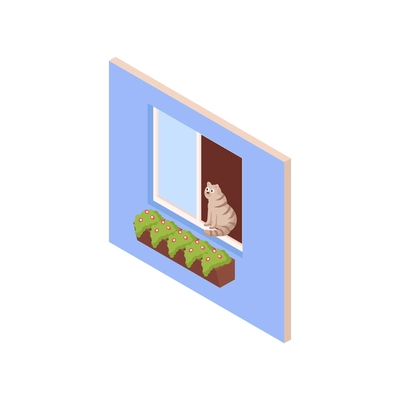 Isometric icon with cat sitting on window 3d vector illustration