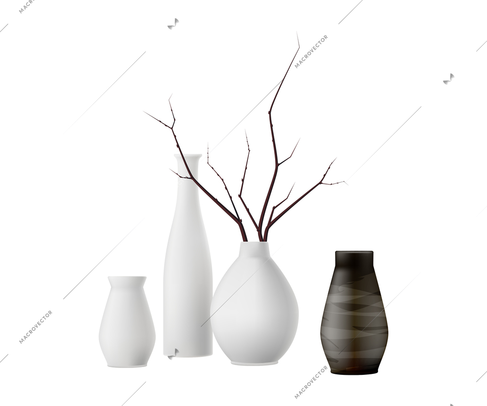 Realistic minimalistic vases of various size and shape for modern room interior vector illustration