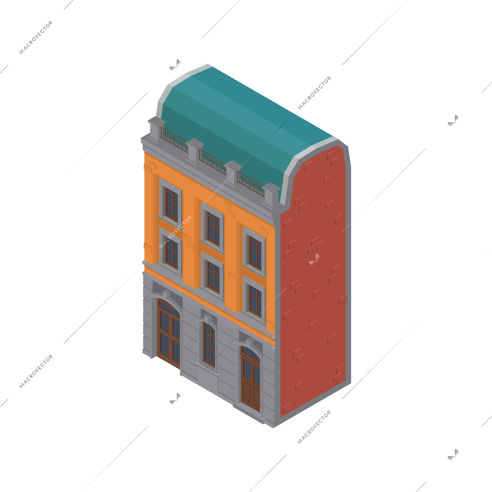 Isometric colorful low rise residential house on white background vector illustration