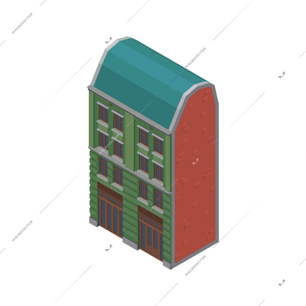 Suburban three storeyd brick building with green facade on white background isometric vector illustration