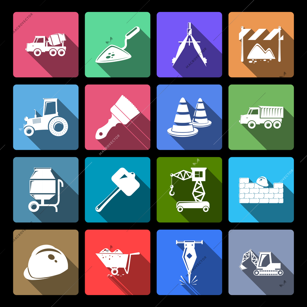 Construction and building engineer industry flat icons set isolated vector illustration
