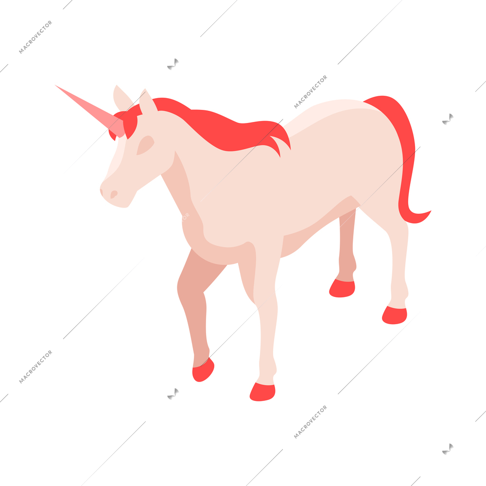 Isometric icon of fairy unicorn with red hooves tail and mane vector illustration