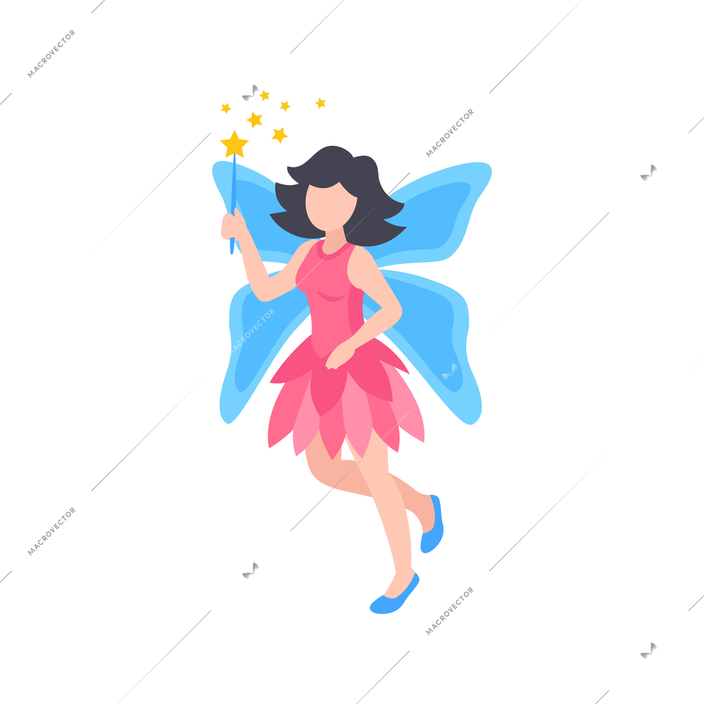 Fairy in pink dress with blue wings and magic wand isometric icon vector illustration