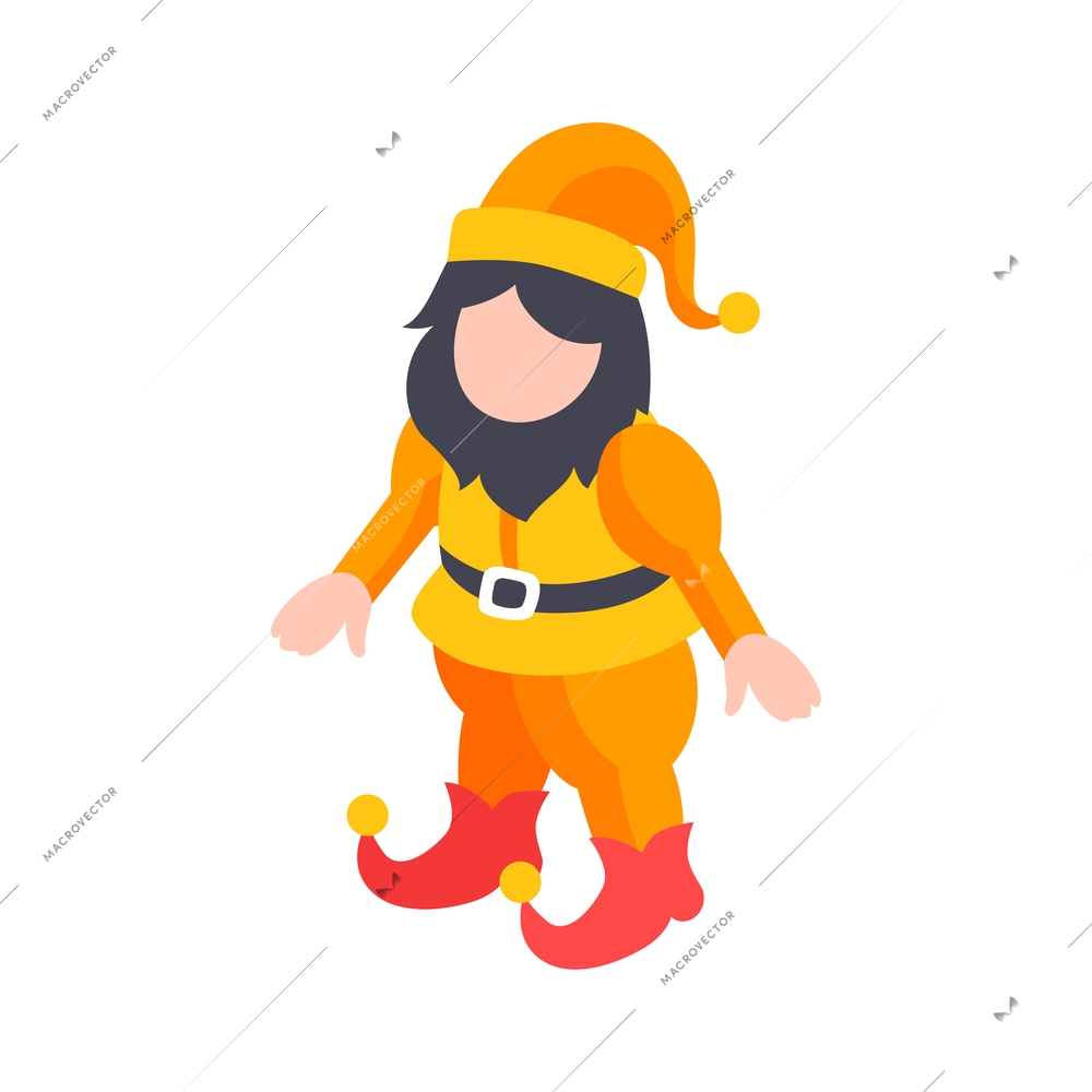 Isometric 3d icon with bearded elf in yellow and orange costume vector illustration