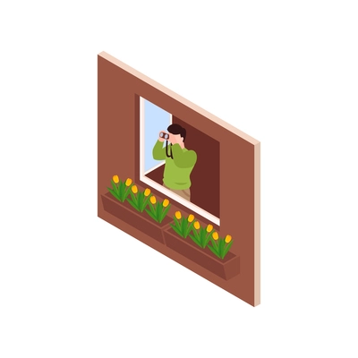 Man with binocular in house window isometric icon vector illustration