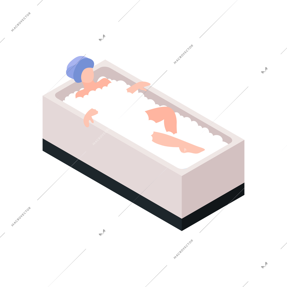 Woman taking bath with foam 3d isometric vector illustration