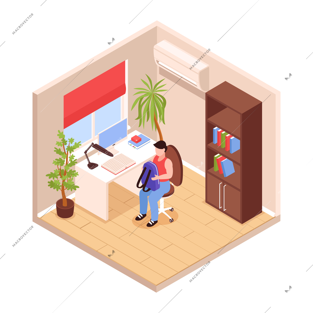 Isometric room interior with desk bookcase and student boy holding school bag vector illustration
