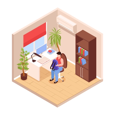 Isometric room interior with desk bookcase and student boy holding school bag vector illustration