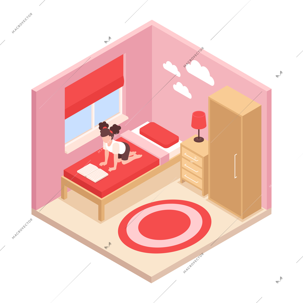 Isometric bedroom interior with girl reading book on her bed 3d vector illustration