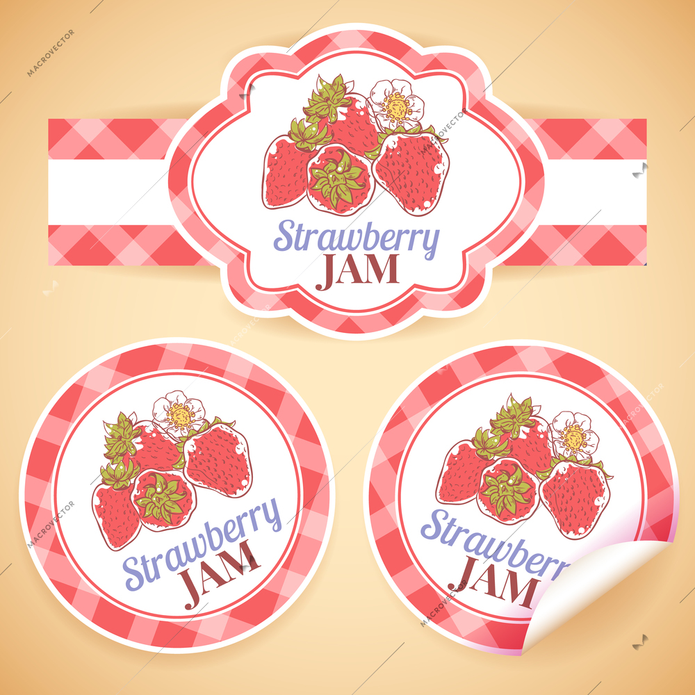 Sweet and healthy homemade strawberry jam paper label set isolated vector illustration