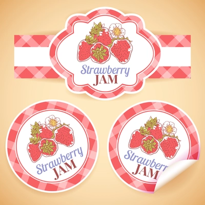 Sweet and healthy homemade strawberry jam paper label set isolated vector illustration