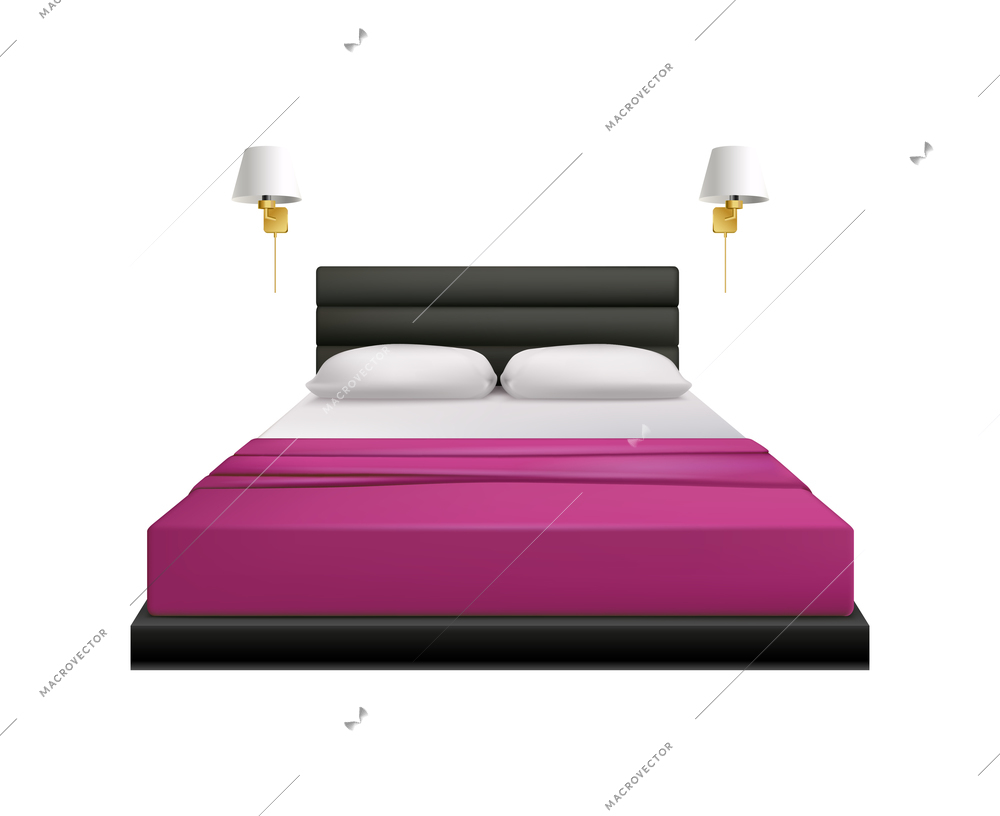 Realistic bed with two pillows bedcover and night lamps vector illustration