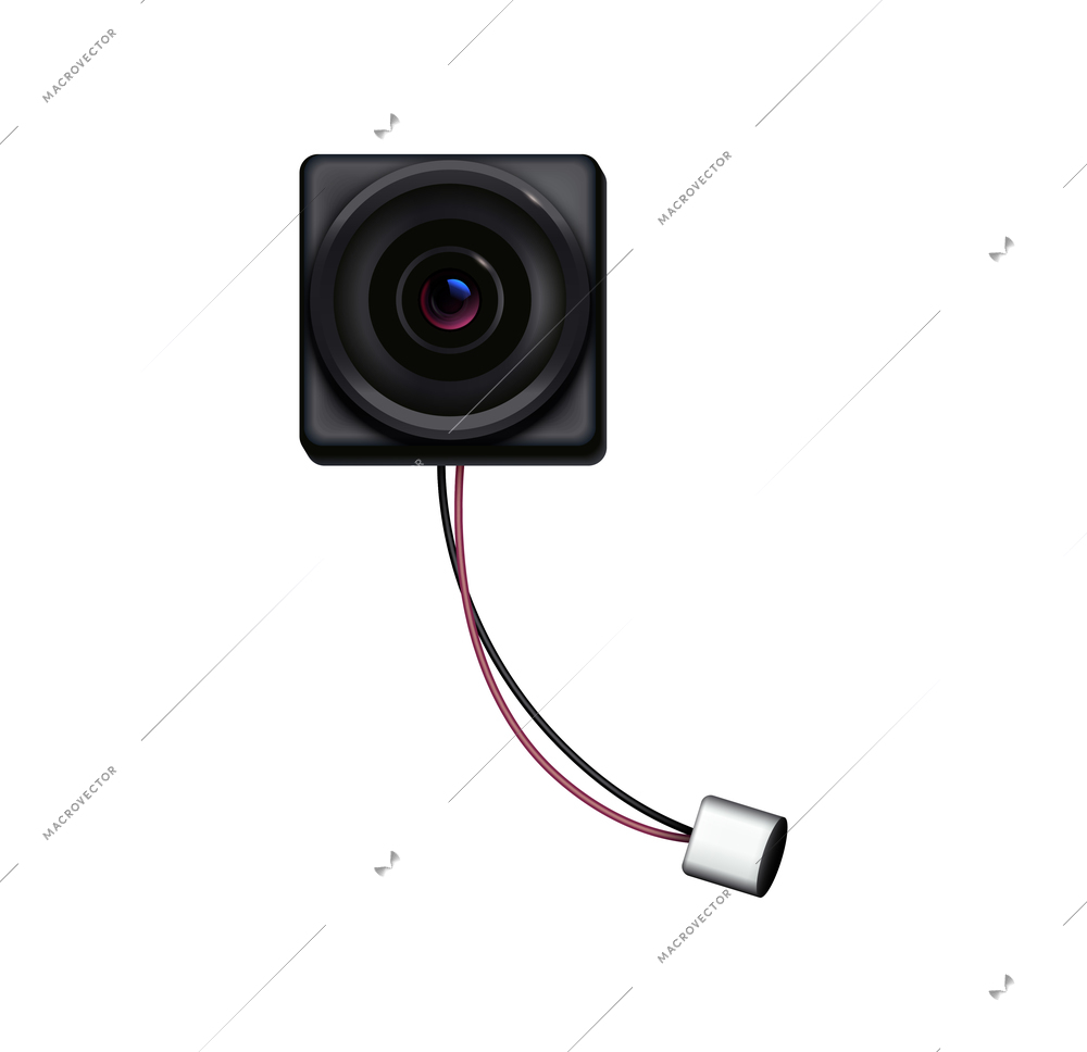 Security camera lens with wires front view on white background realistic vector illustration