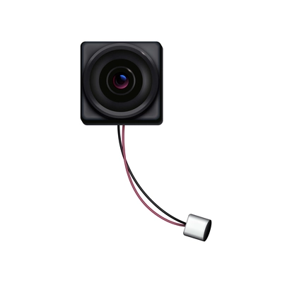 Security camera lens with wires front view on white background realistic vector illustration