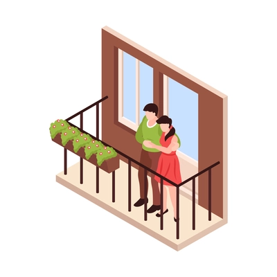 Lovely neighborhood isometric icon with hugging couple on balcony vector illustration