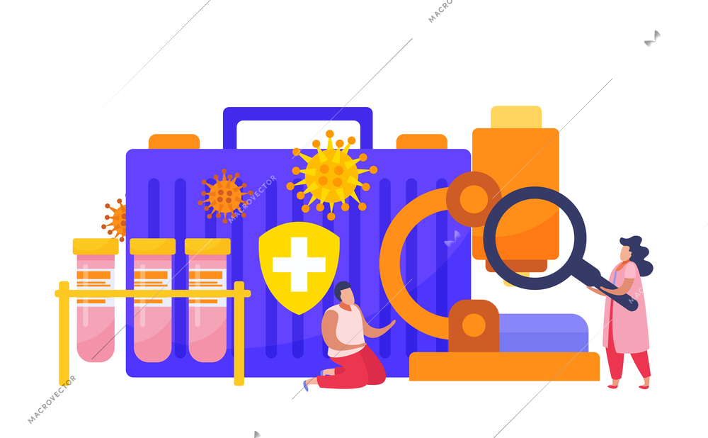 Flat colored coronavirus vaccination composition with laboratory tubes and microscope vector illustration