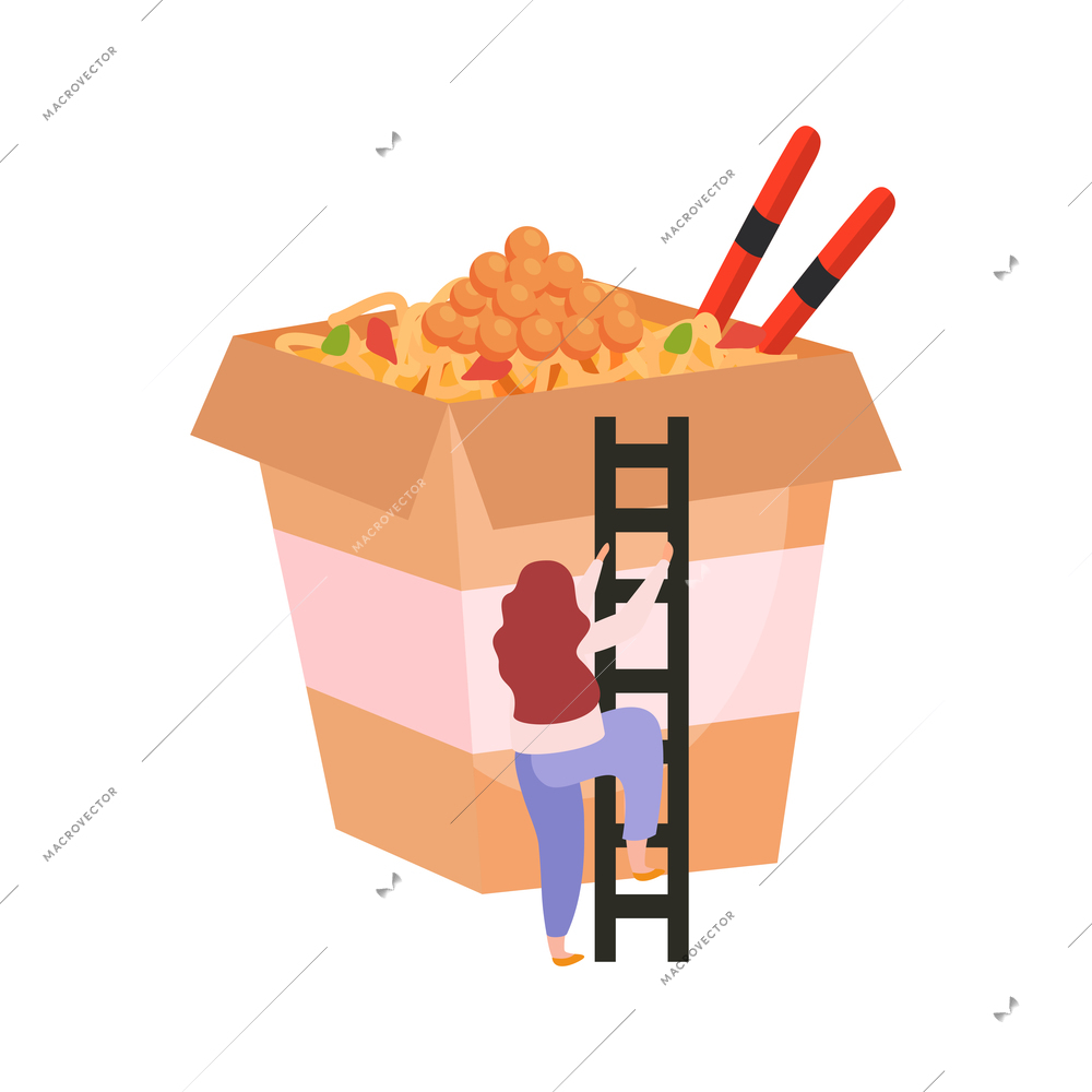 Wok flat icon with woman climbing up ladder into cardboard box with noodles and chopsticks vector illustration