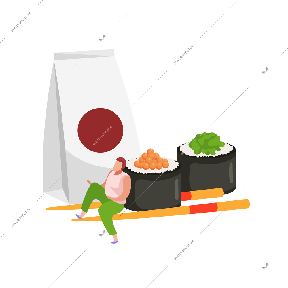 Flat icon with paper bag gunkan sushi shopsticks and character vector illustration