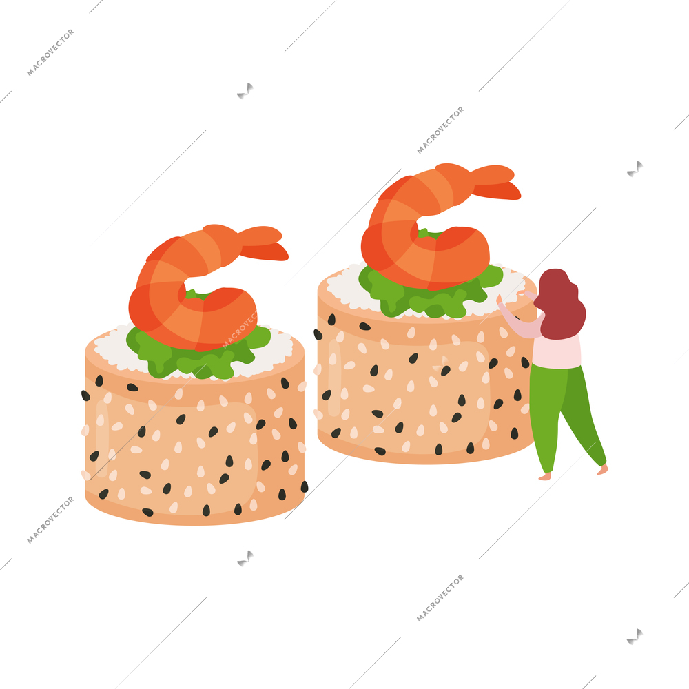 Flat icon with tiny woman cooking sushi maki with shrimp wasabi and sesame vector illustration