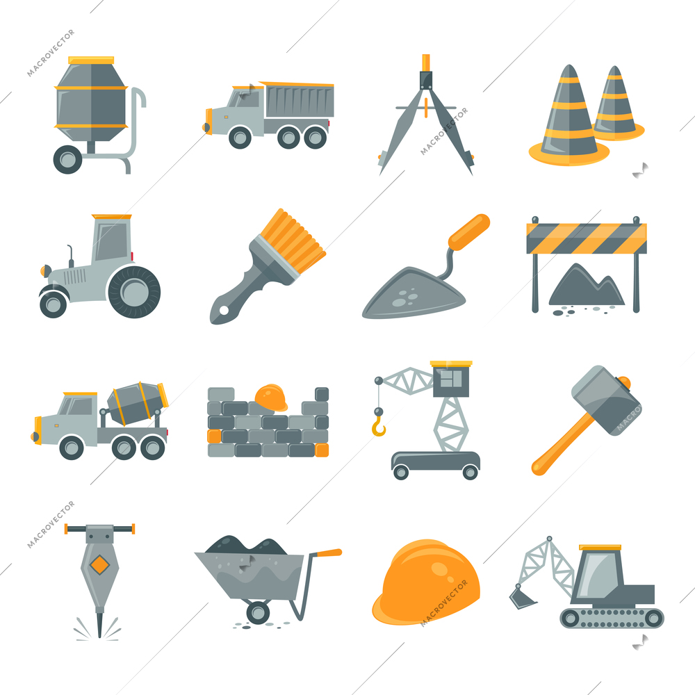 Construction and building equipment icons set isolated vector illustration