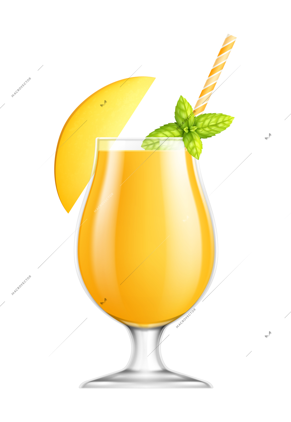 Fresh mango juice in glass with mint and cocktail straw on white background realistic vector illustration