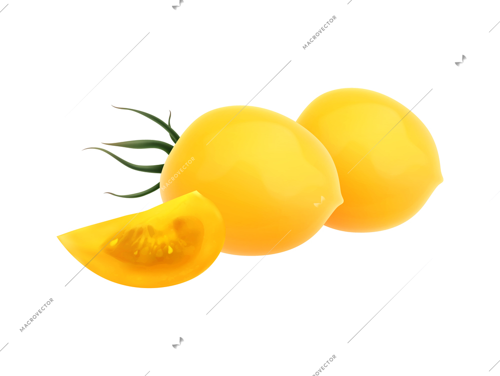 Yellow whole and sliced tomatoes realistic icon vector illustration