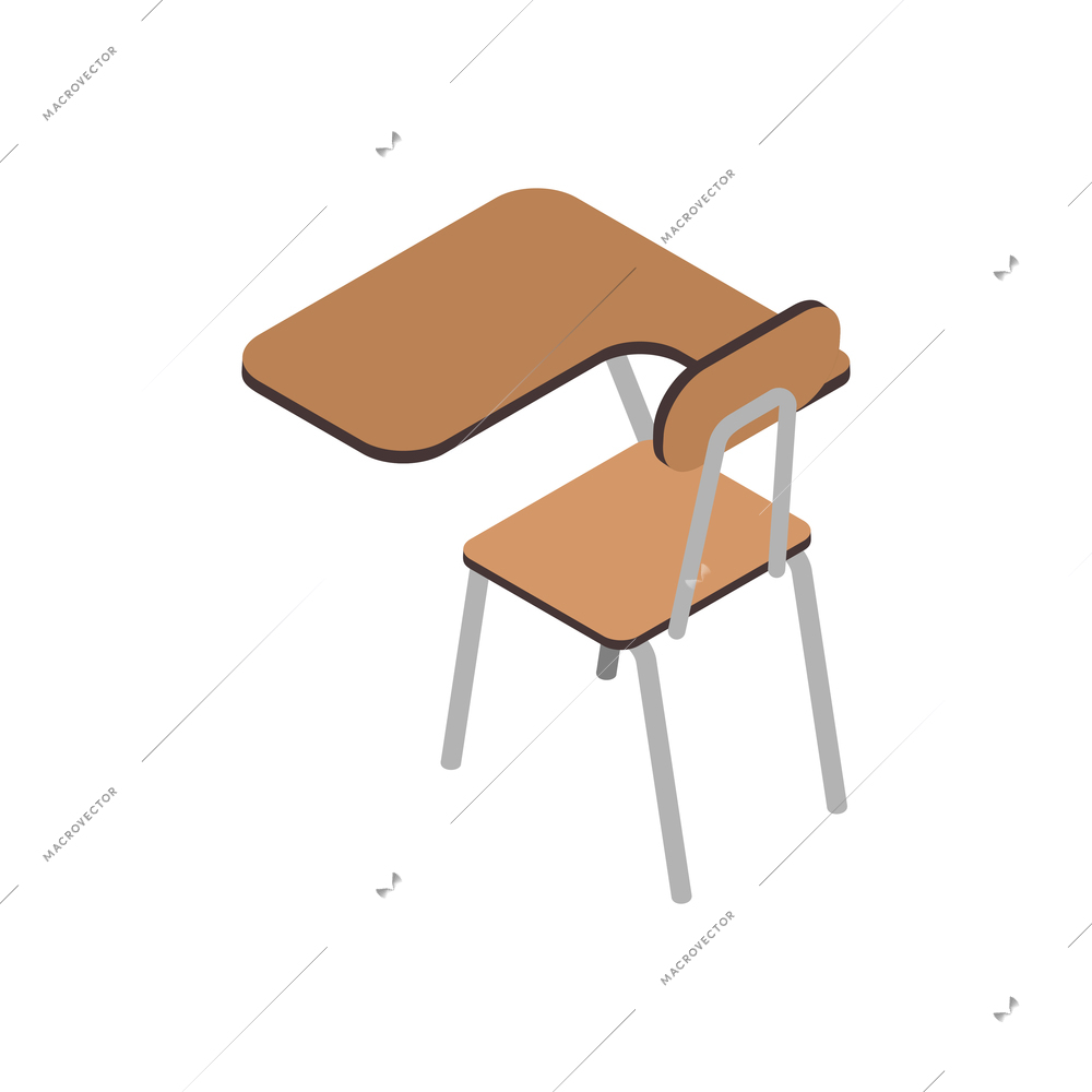 Back view of school desk with chair on white background 3d isometric vector illustration