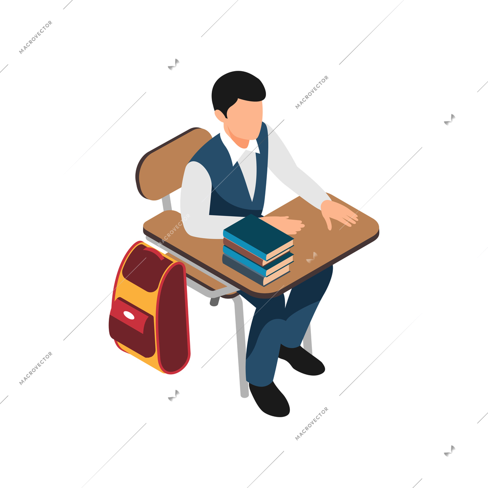 Isometric icon with character of student sitting at desk with books and school bag vector illustration