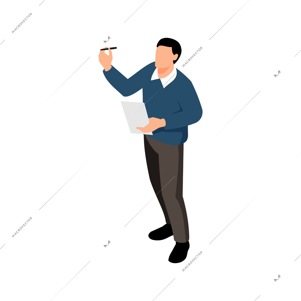 Male character of teacher with pen and paper isometric icon on white background vector illustration