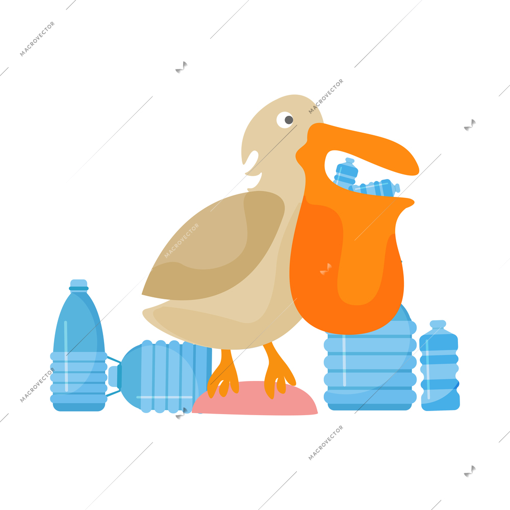 Pelican with bottles in beak flat plastic pollution concept vector illustration