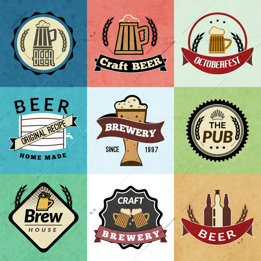 Retro emblems of fresh natural cold premium beer isolated vector illustration