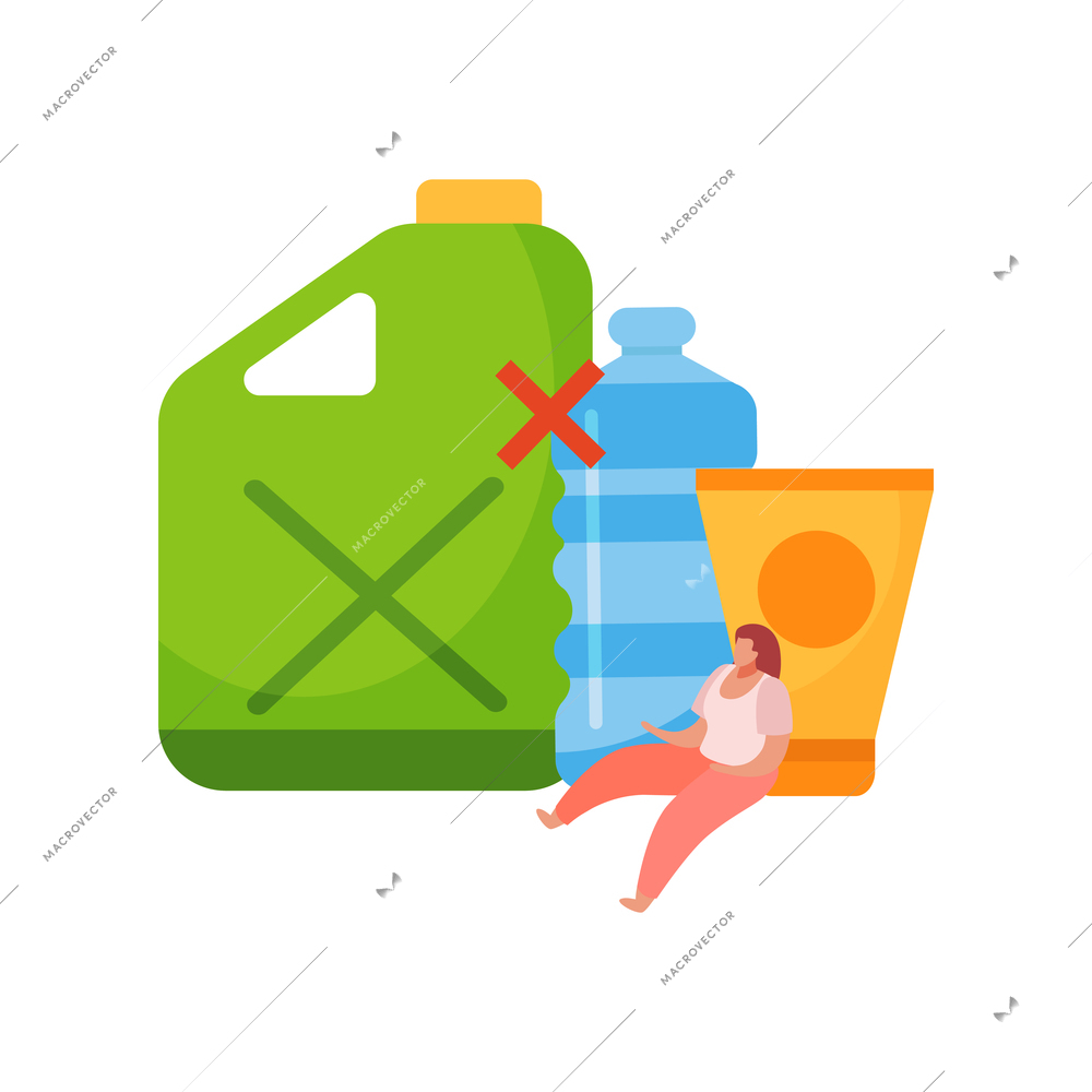 Plastic pollution icon with bottle glass canister and prohibition sign flat vector illustration