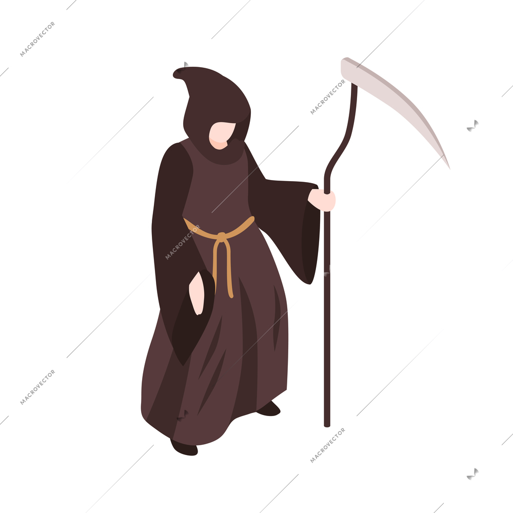 Isometric halloween costume of death with black hooded cape and scythe 3d vector illustration