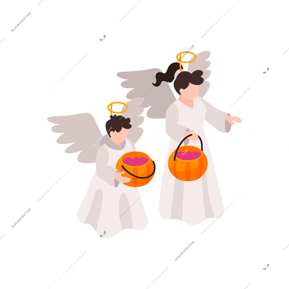 Isometric halloween party icon with two characters of angels vector illustration