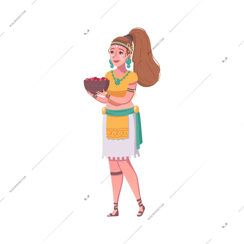 Mayan woman in traditional costume with bowl in hands on white background cartoon vector illustration