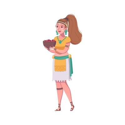 Mayan woman in traditional costume with bowl in hands on white background cartoon vector illustration