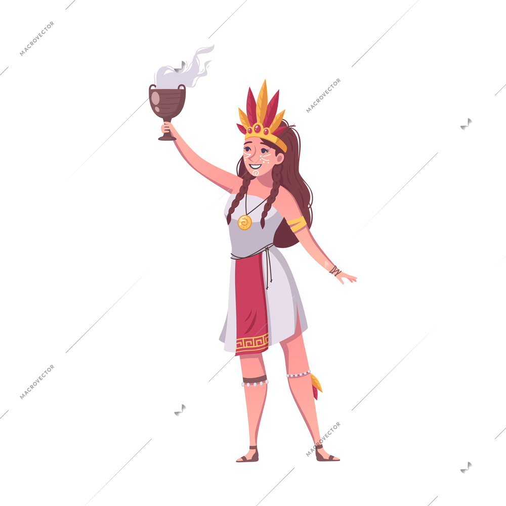 Cartoon icon of happy mayan woman with cup on white background vector illustration